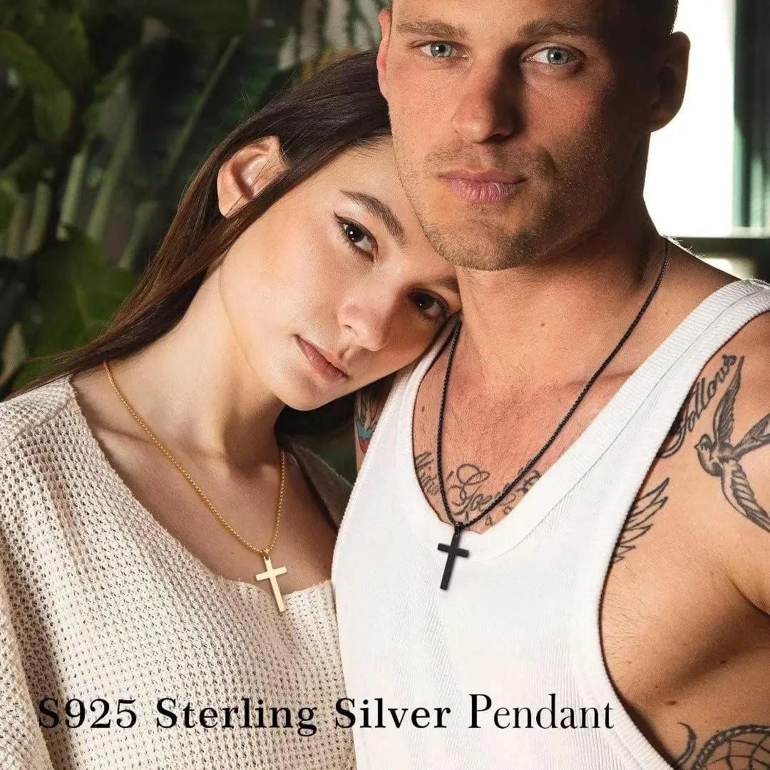 Ursteel 925 Sterling Silver Cross Pendant Cross Necklace for Men, Mens Cross Necklace 18K Gold Black Silver Chain Necklace for Men Women Girls 16 18 20 22 Inch Cross Necklace