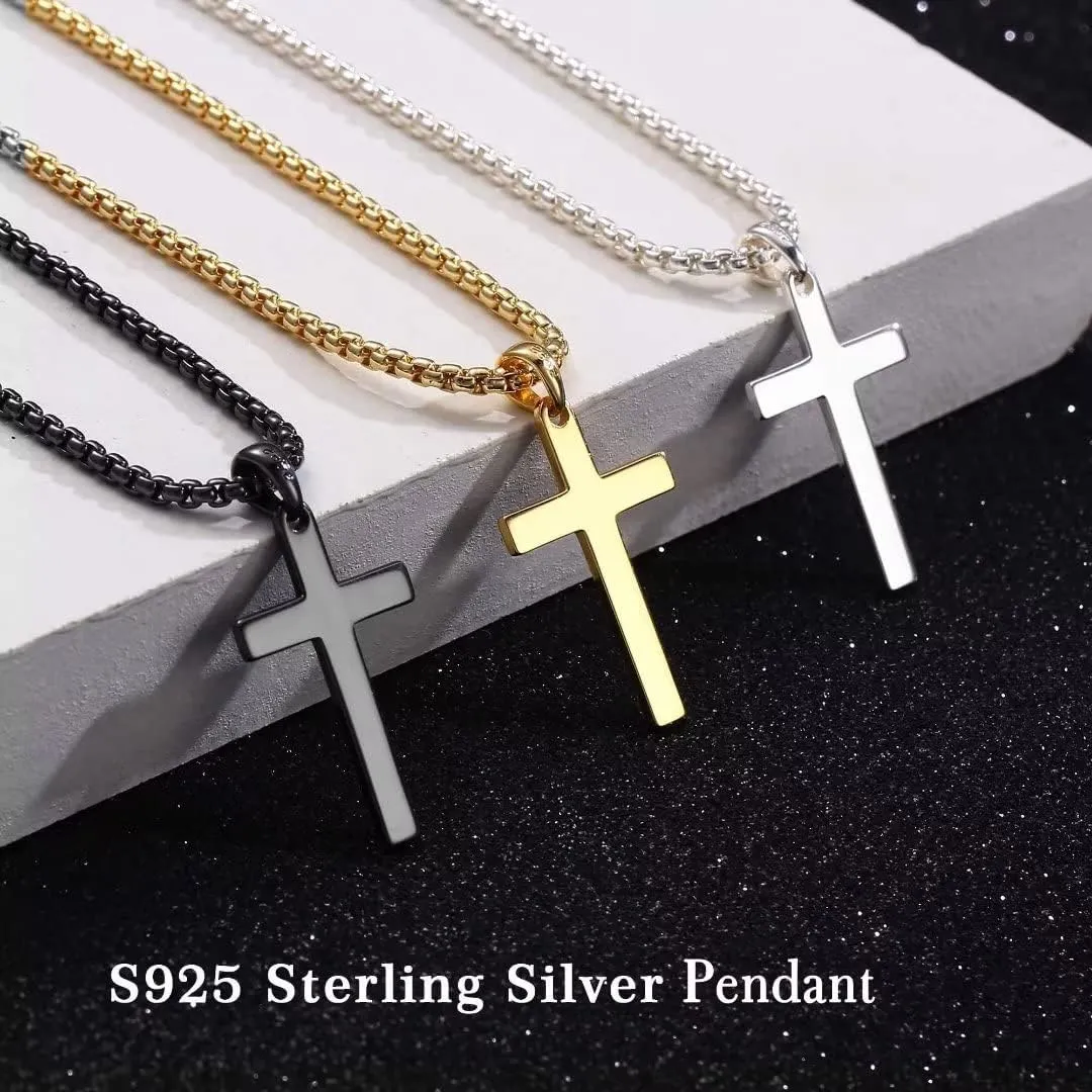 Ursteel 925 Sterling Silver Cross Pendant Cross Necklace for Men, Mens Cross Necklace 18K Gold Black Silver Chain Necklace for Men Women Girls 16 18 20 22 Inch Cross Necklace