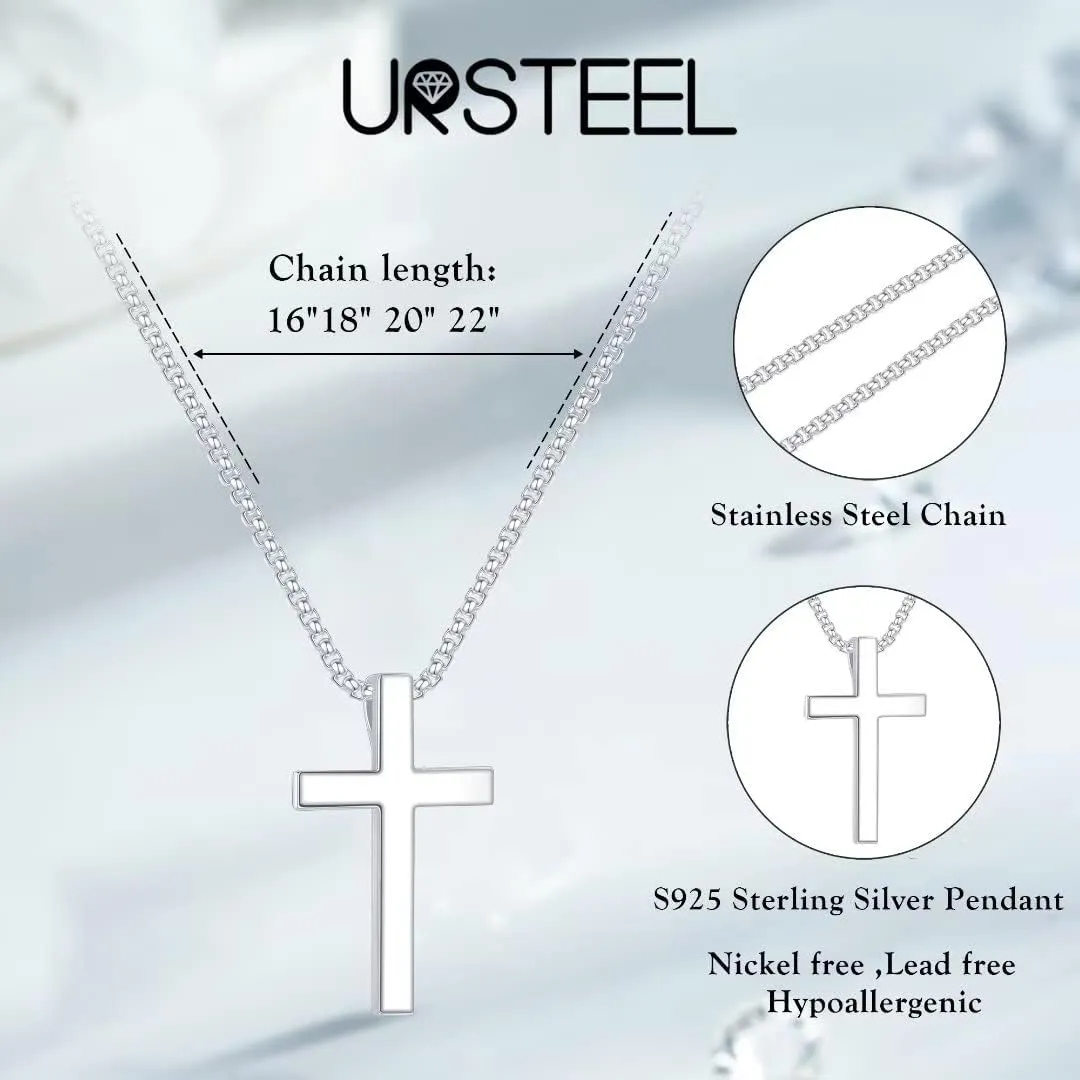 Ursteel 925 Sterling Silver Cross Pendant Cross Necklace for Men, Mens Cross Necklace 18K Gold Black Silver Stainless Steel Chain Necklace for Men Women Girls 16 18 20 22 Inch Cross Necklace