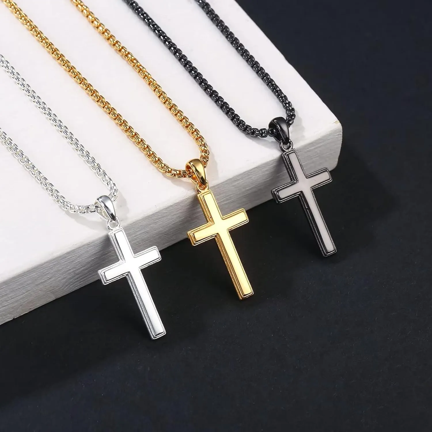 Ursteel 925 Sterling Silver Cross Pendant Cross Necklace for Men, Mens Cross Necklace 18K Gold Plated Silver Black Box Chain Necklace for Men Women Girls 16 18 20 22 Inch Cross Necklace