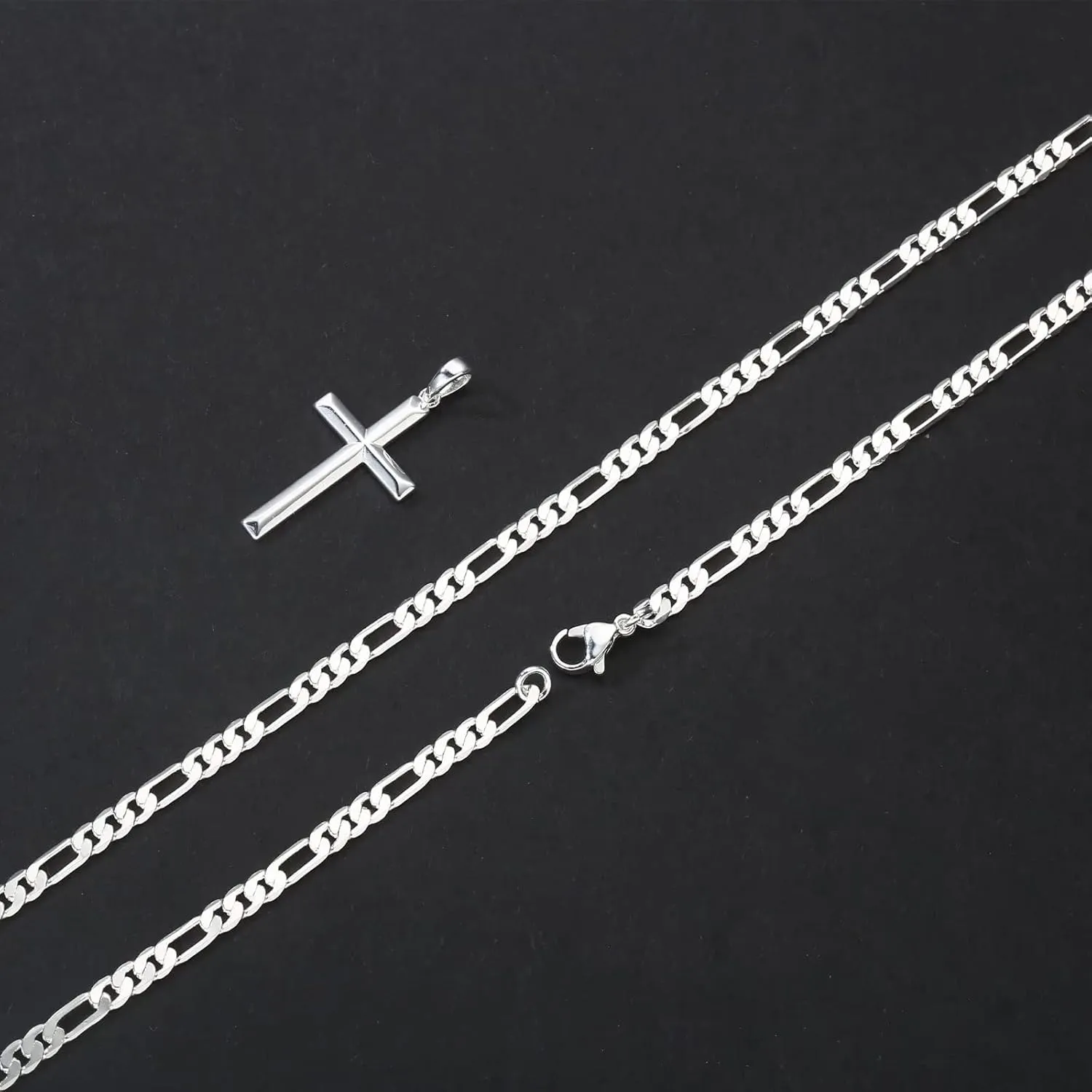 Ursteel S925 Sterling Silver Cross Pendant Cross Necklace for Men, Mens Cross Necklace 18K Gold Plated Silver Black Figaro Chain Necklace for Men Women 16 18 20 22 24 Inch Cross Necklace