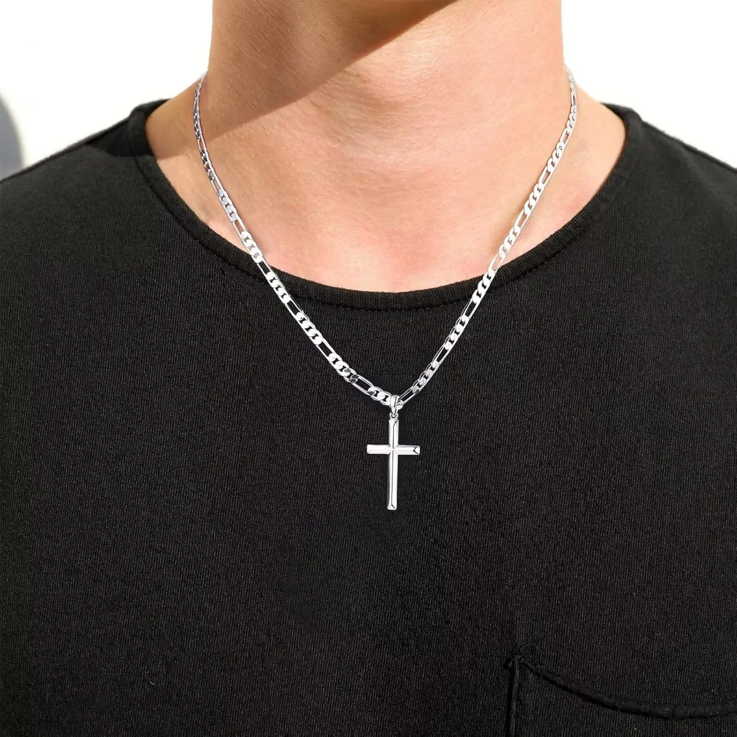 Ursteel S925 Sterling Silver Cross Pendant Cross Necklace for Men, Mens Cross Necklace 18K Gold Plated Silver Black Figaro Chain Necklace for Men Women 16 18 20 22 24 Inch Cross Necklace