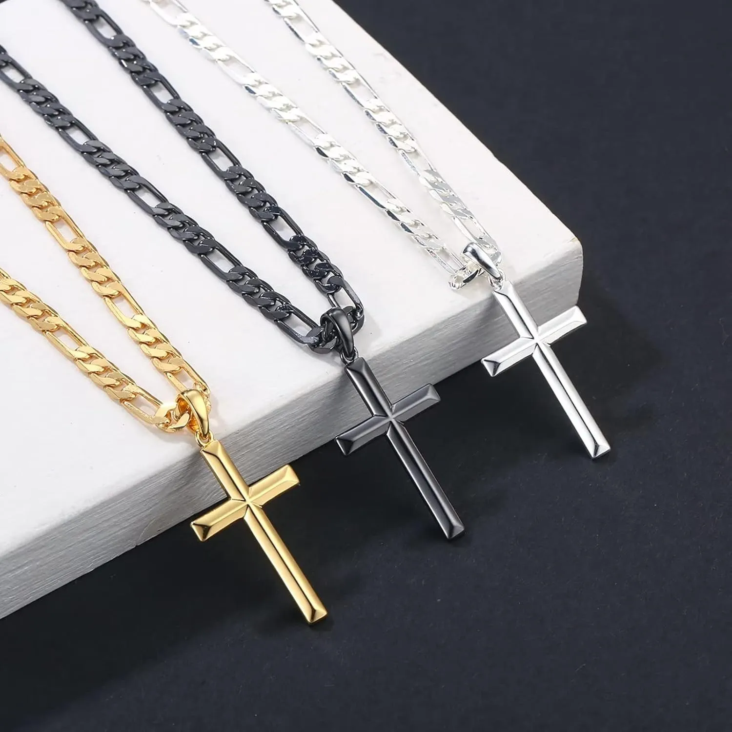 Ursteel S925 Sterling Silver Cross Pendant Cross Necklace for Men, Mens Cross Necklace 18K Gold Plated Silver Black Figaro Chain Necklace for Men Women 16 18 20 22 24 Inch Cross Necklace