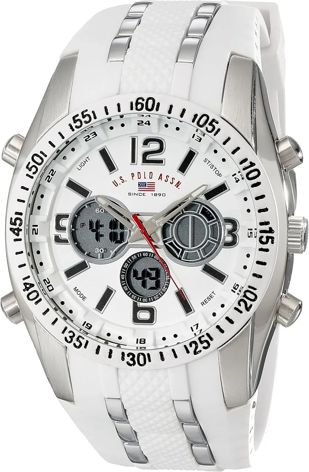 U.S. Polo Assn. Mens Sport Watch with Analog-Digital Display, Silicone Band with Silver Links, 44mm Metal Case, Alarm, Backlight, Dual Time, Buckle Closure