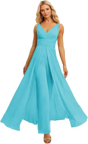 V Neck Chiffon Bridesmaid Jumpsuits with Slit Ruched Wedding Guest Pantsuits