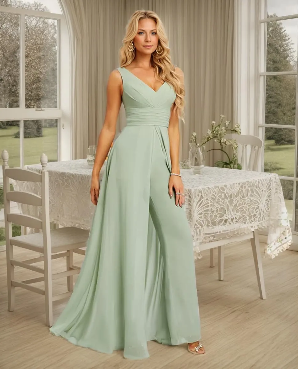 V Neck Chiffon Bridesmaid Jumpsuits with Slit Ruched Wedding Guest Pantsuits