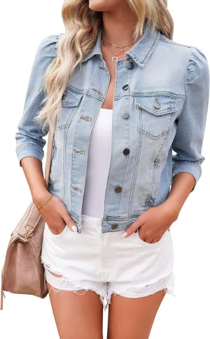Vetinee Womens Jean Jacket Cropped Denim Jackets Stretchy 3/4 Puff Sleeve Distressed Shacket with Pockets