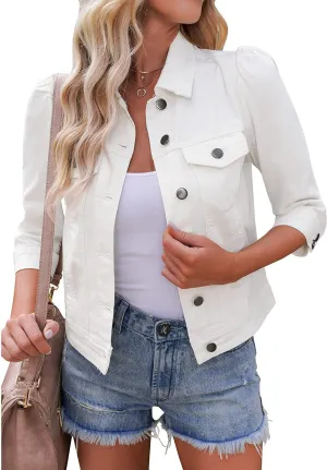 Vetinee Womens Jean Jacket Cropped Denim Jackets Stretchy 3/4 Puff Sleeve Distressed Shacket with Pockets