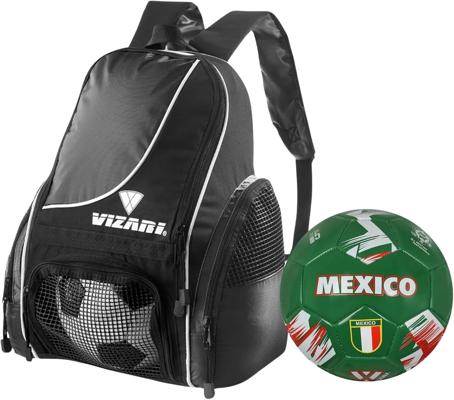 Vizari Solano Multi-Sport Backpack (Black) with National Team Soccer Ball Combo | Versatile Sports Backpack with Durable Faux Leather & Rubber Country Ball (Mexico, Size 5)