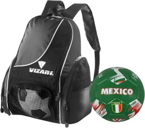 Vizari Solano Multi-Sport Backpack (Black) with National Team Soccer Ball Combo | Versatile Sports Backpack with Durable Faux Leather & Rubber Country Ball (Mexico, Size 5)