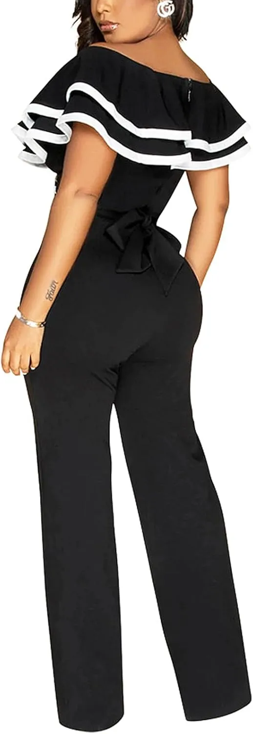 VJJ AIDEAR Women's V-Neck Off Shoulder Ruffled Sleeve Long Pants Sexy Bodycon Wide Leg Jumpsuits Club Rompers