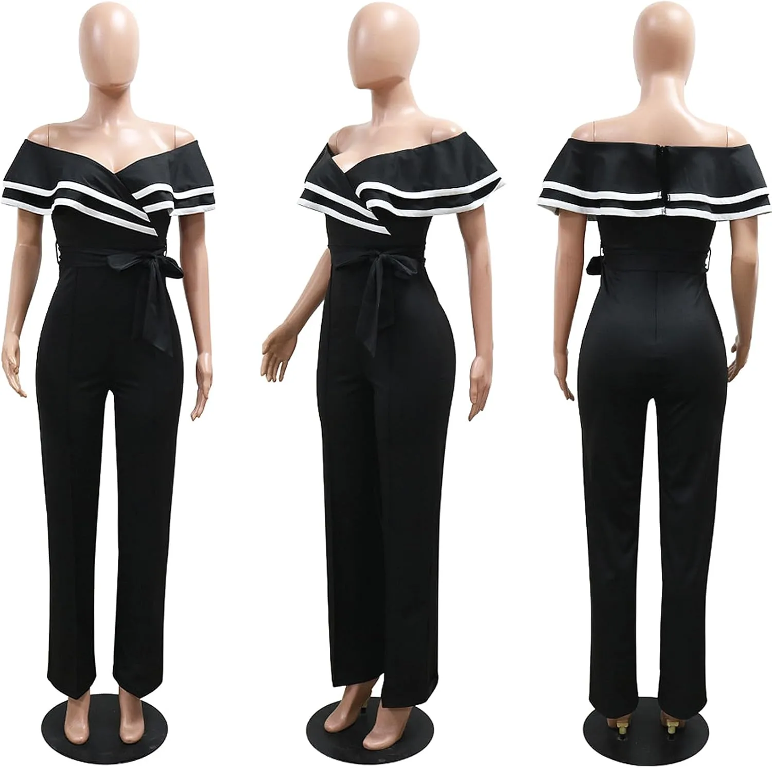 VJJ AIDEAR Women's V-Neck Off Shoulder Ruffled Sleeve Long Pants Sexy Bodycon Wide Leg Jumpsuits Club Rompers