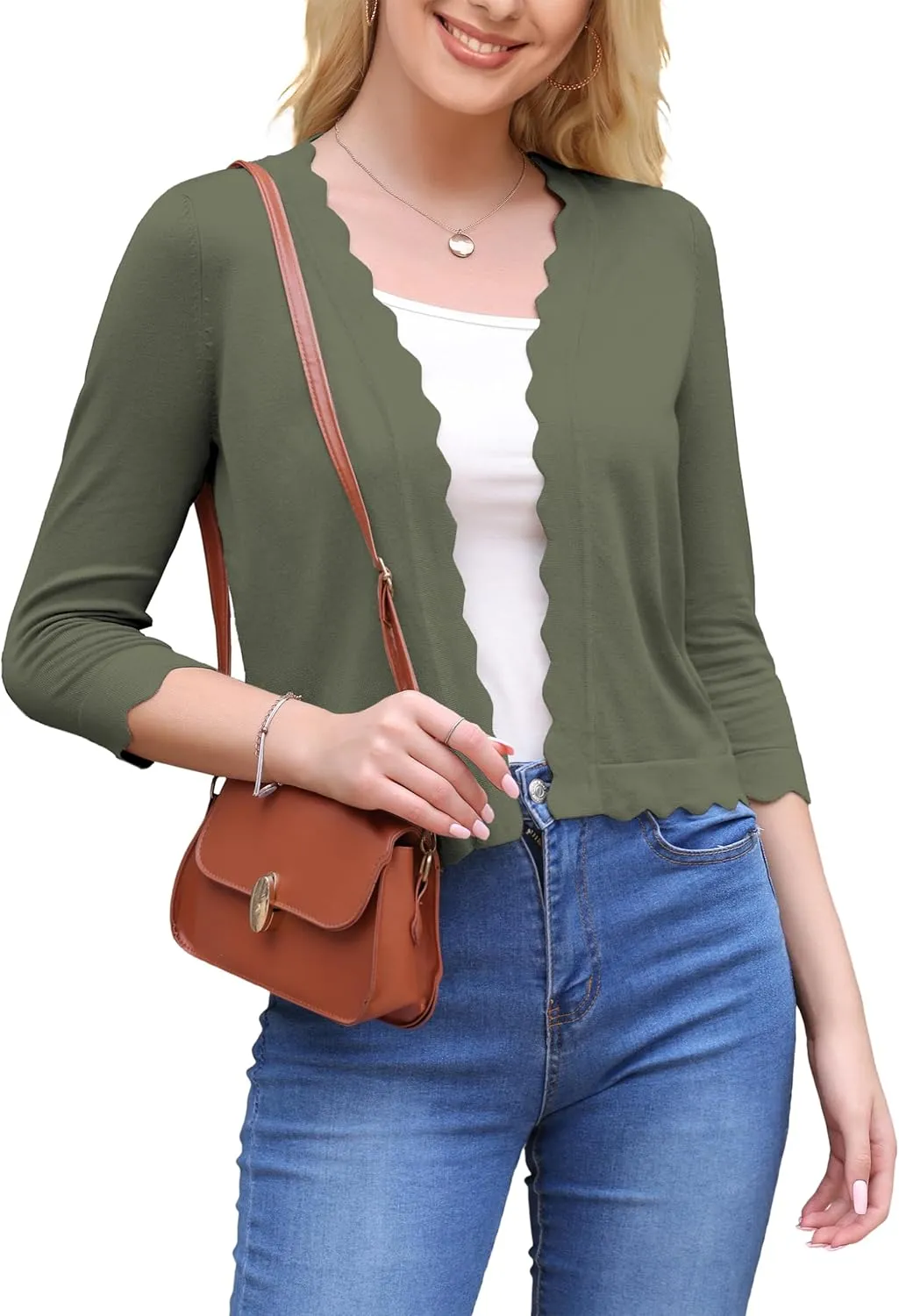 VOIANLIMO Women's 3/4 Sleeve Cropped Cardigan Sweaters Knit Open Front Bolero Short Shrugs for Dresses