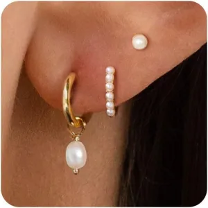 VRIUA 3 Pairs Gold Earrings Set - 14K Gold Plated Stacks Earring Bow Pearl Butterfly Heart Clover Star Moon Diamond Starburst Huggie Hoop Earrings for Women Trendy Jewelry