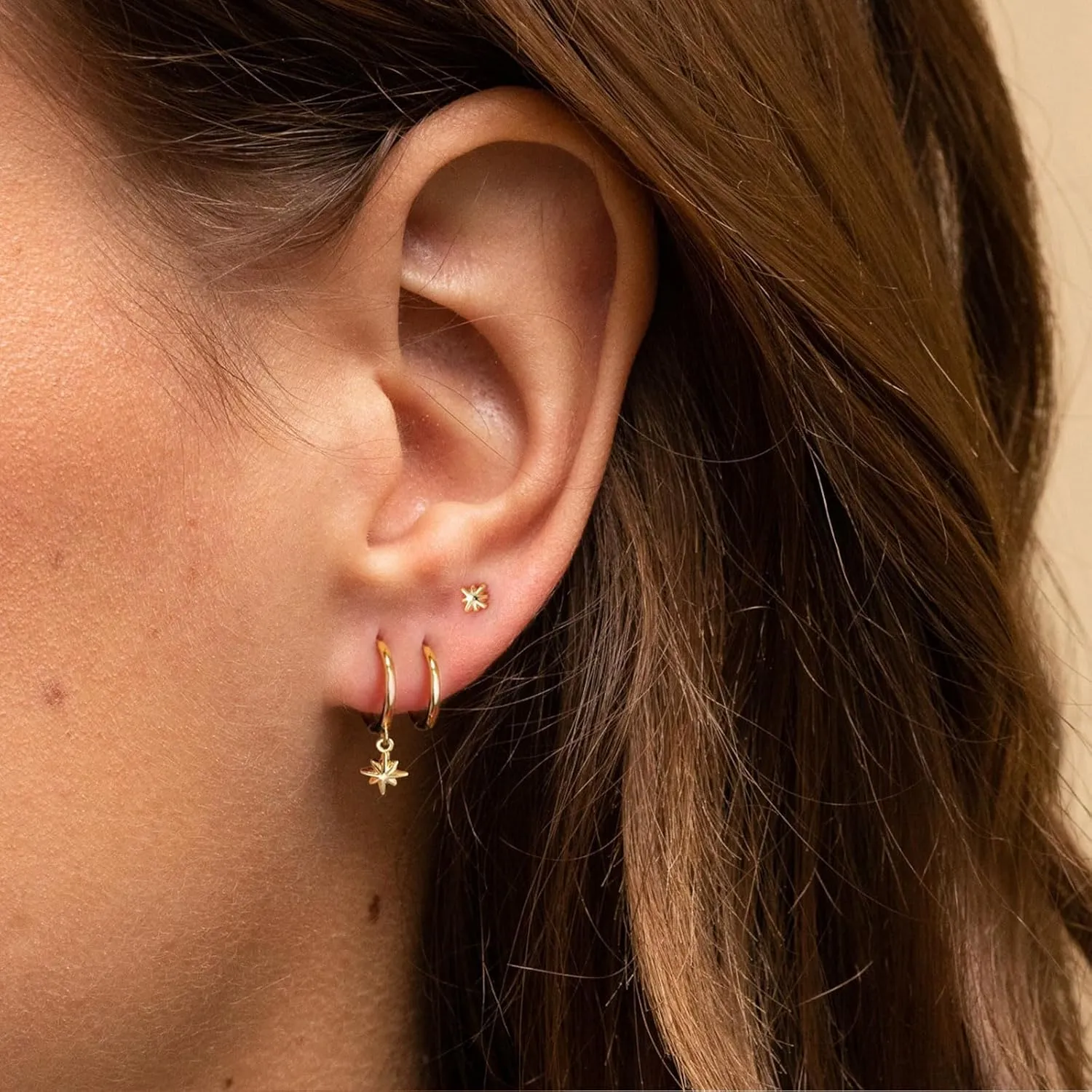 VRIUA 3 Pairs Gold Earrings Set - 14K Gold Plated Stacks Earring Bow Pearl Butterfly Heart Clover Star Moon Diamond Starburst Huggie Hoop Earrings for Women Trendy Jewelry