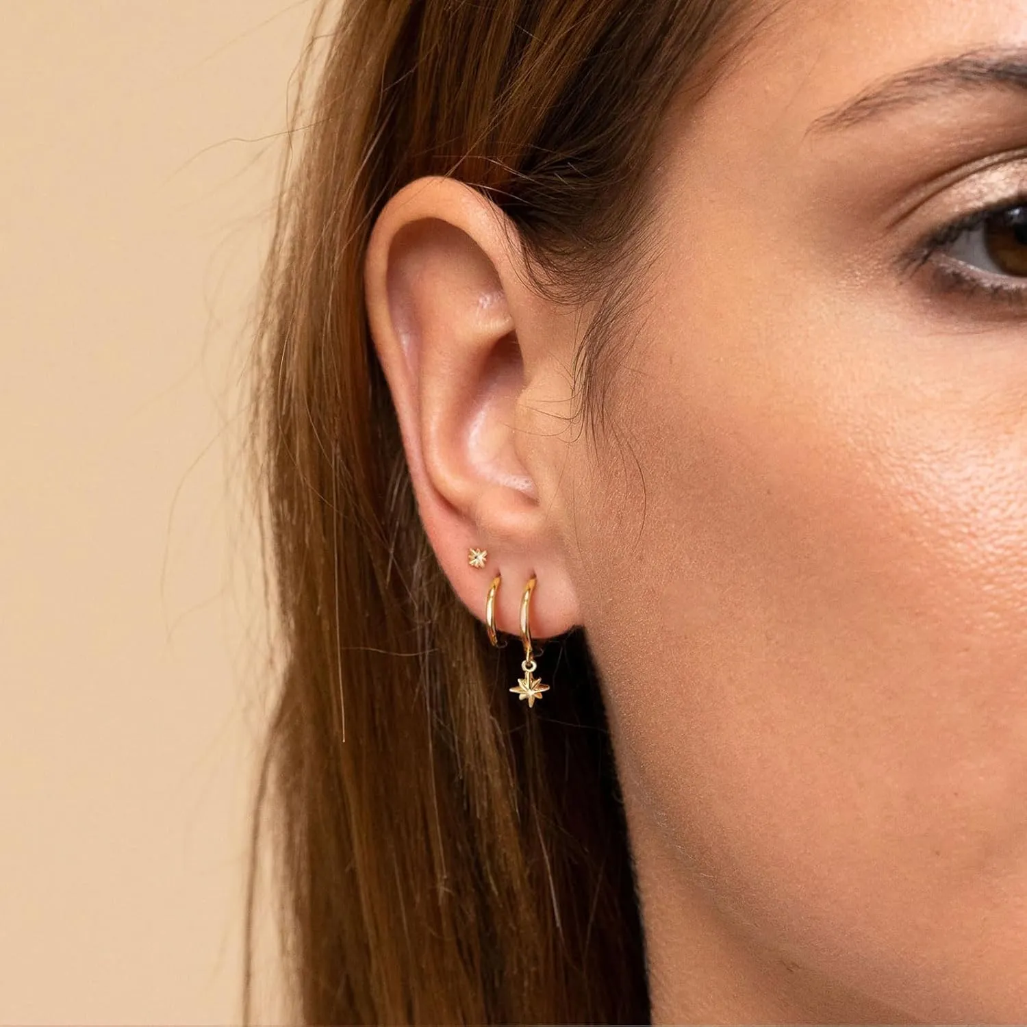 VRIUA 3 Pairs Gold Earrings Set - 14K Gold Plated Stacks Earring Bow Pearl Butterfly Heart Clover Star Moon Diamond Starburst Huggie Hoop Earrings for Women Trendy Jewelry