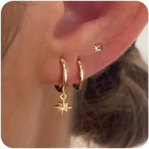 VRIUA 3 Pairs Gold Earrings Set - 14K Gold Plated Stacks Earring Bow Pearl Butterfly Heart Clover Star Moon Diamond Starburst Huggie Hoop Earrings for Women Trendy Jewelry