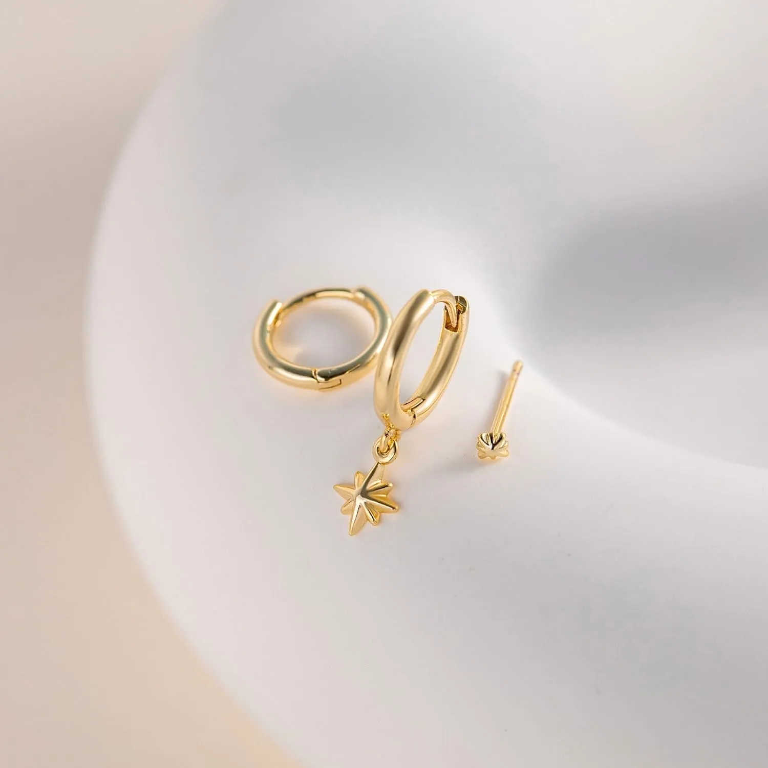 VRIUA 3 Pairs Gold Earrings Set - 14K Gold Plated Stacks Earring Bow Pearl Butterfly Heart Clover Star Moon Diamond Starburst Huggie Hoop Earrings for Women Trendy Jewelry