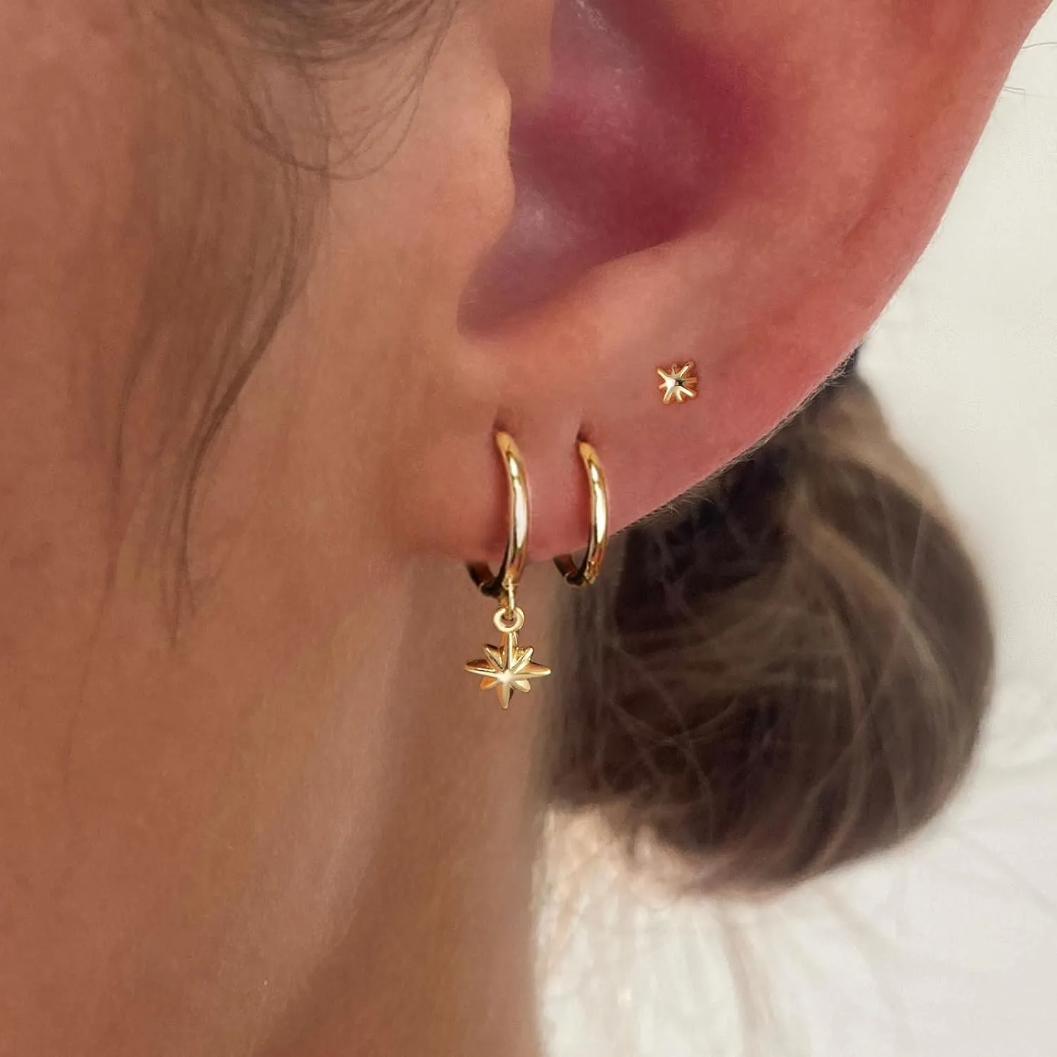 VRIUA 3 Pairs Gold Earrings Set - 14K Gold Plated Stacks Earring Bow Pearl Butterfly Heart Clover Star Moon Diamond Starburst Huggie Hoop Earrings for Women Trendy Jewelry