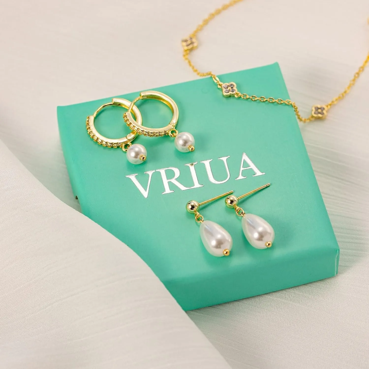 VRIUA 3 Pairs Gold Earrings Set - 14K Gold Plated Stacks Earring Bow Pearl Butterfly Heart Clover Star Moon Diamond Starburst Huggie Hoop Earrings for Women Trendy Jewelry