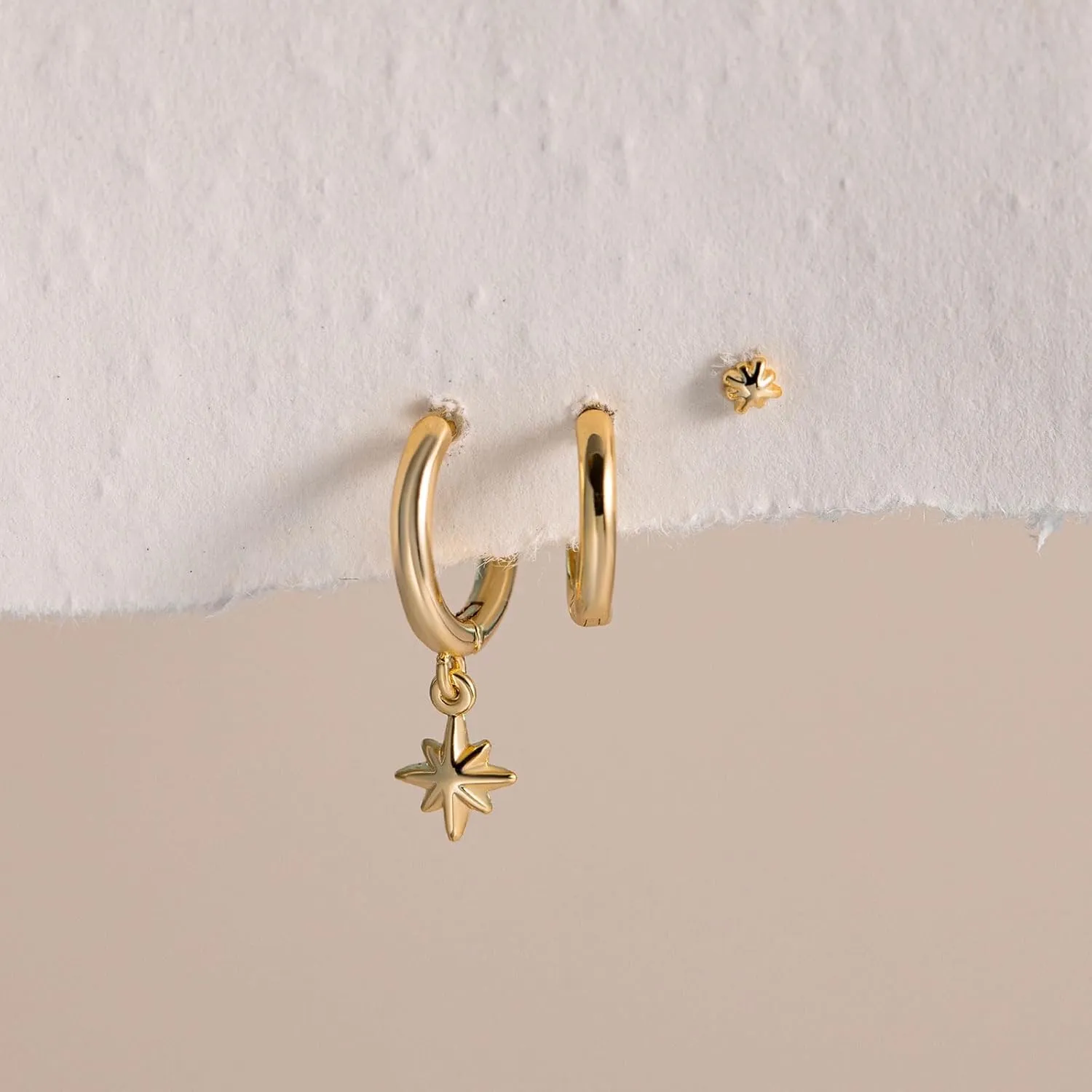 VRIUA 3 Pairs Gold Earrings Set - 14K Gold Plated Stacks Earring Bow Pearl Butterfly Heart Clover Star Moon Diamond Starburst Huggie Hoop Earrings for Women Trendy Jewelry
