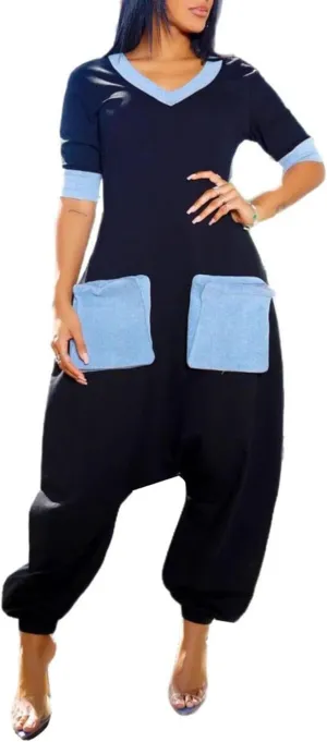 watersouprty Jumpsuits for Women Casual Patchwork Short Sleeve Loose Summer Outfits Harem Pants Romper
