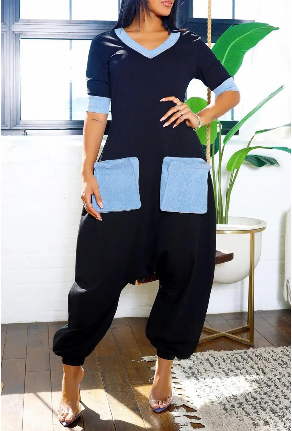 watersouprty Jumpsuits for Women Casual Patchwork Short Sleeve Loose Summer Outfits Harem Pants Romper