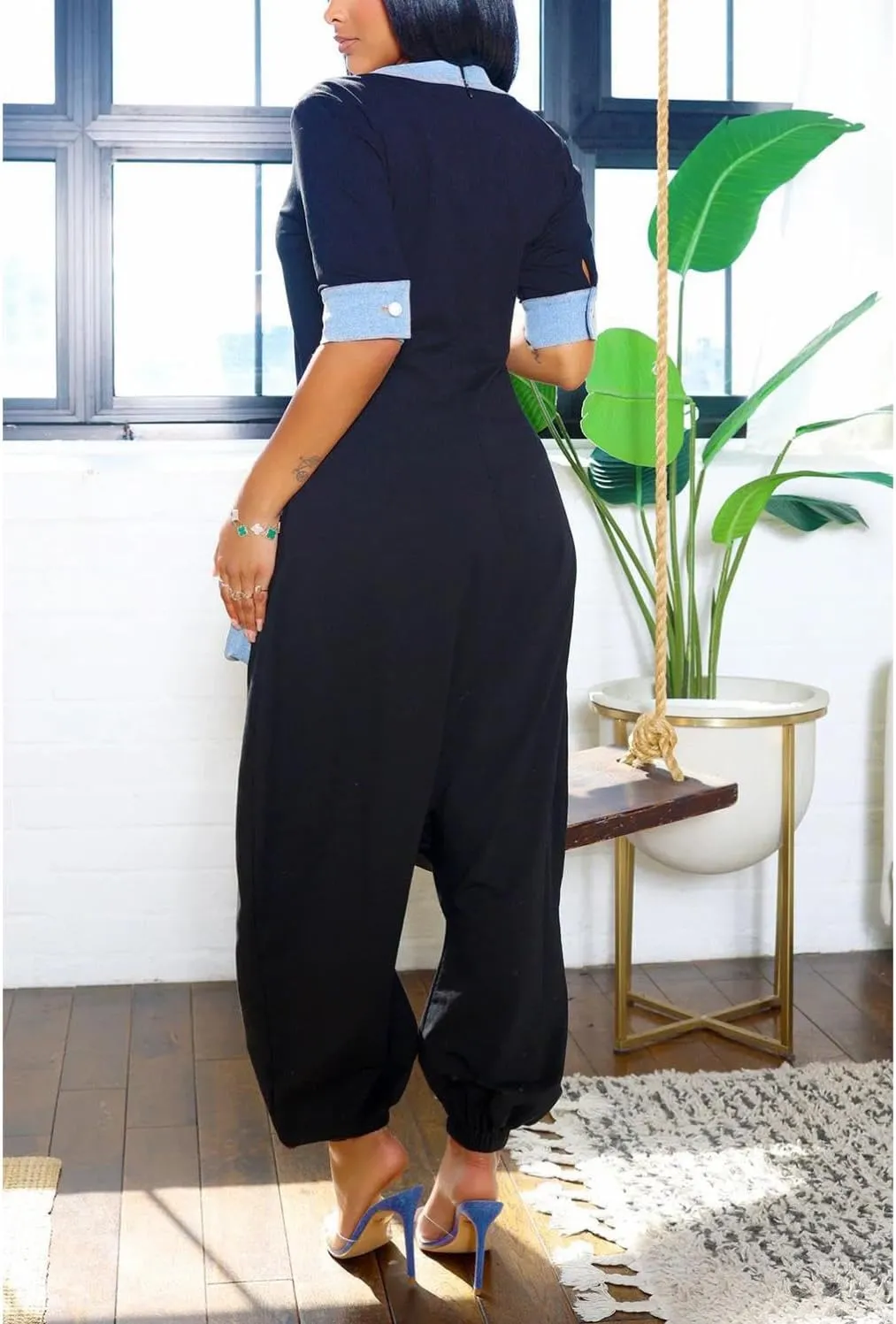 watersouprty Jumpsuits for Women Casual Patchwork Short Sleeve Loose Summer Outfits Harem Pants Romper