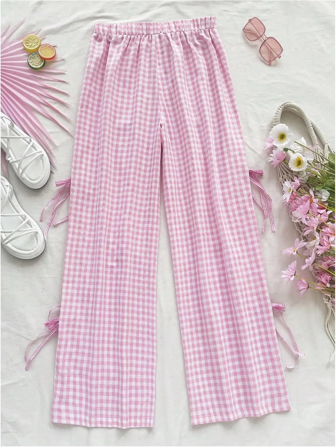 WDIRARA Women's Plaid Print Bow Front High Waist Long Pants Elastic Waist Cute Loose Fit Wide Leg Trousers
