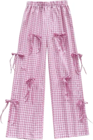 WDIRARA Women's Plaid Print Bow Front High Waist Long Pants Elastic Waist Cute Loose Fit Wide Leg Trousers
