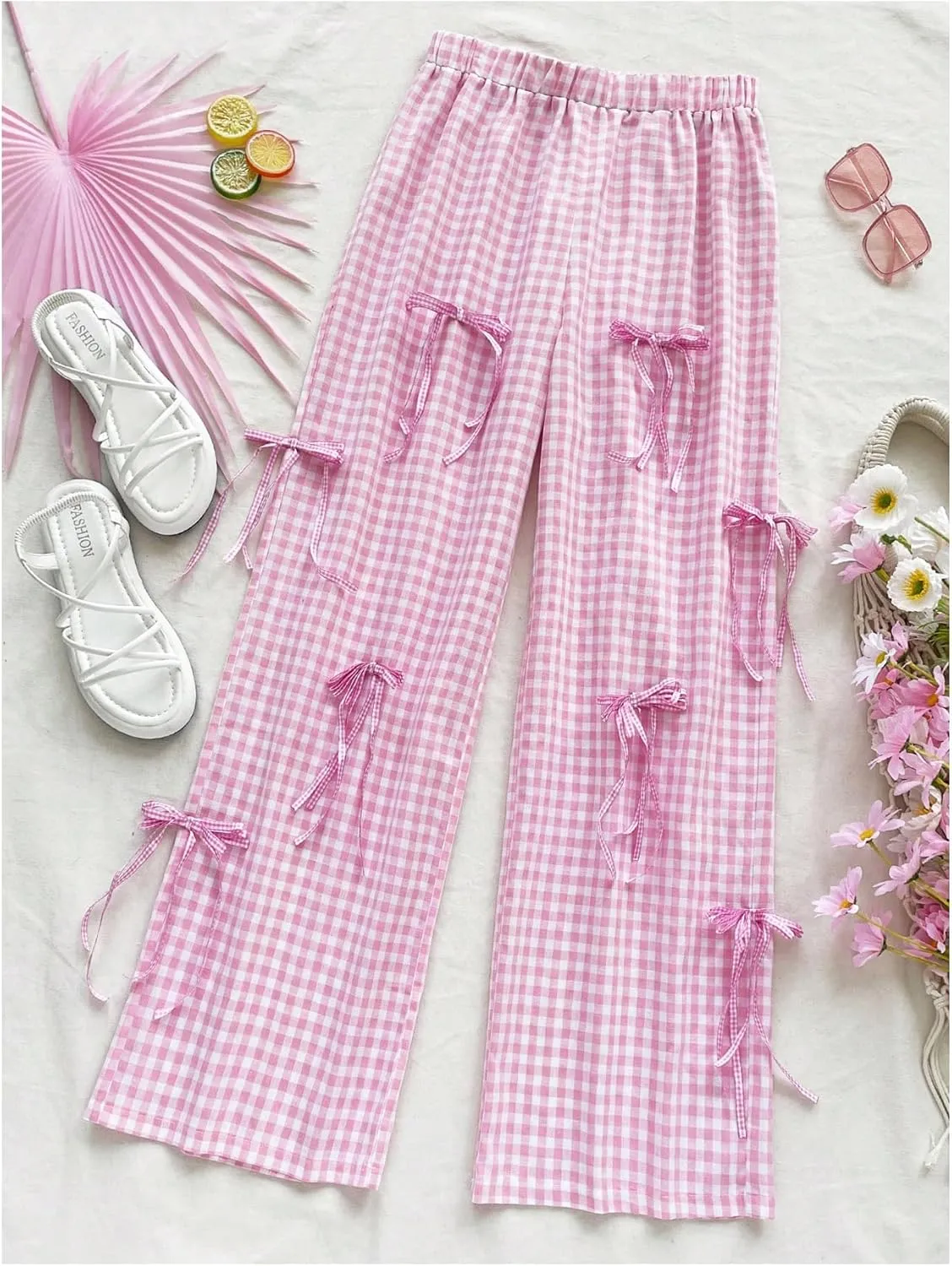 WDIRARA Women's Plaid Print Bow Front High Waist Long Pants Elastic Waist Cute Loose Fit Wide Leg Trousers