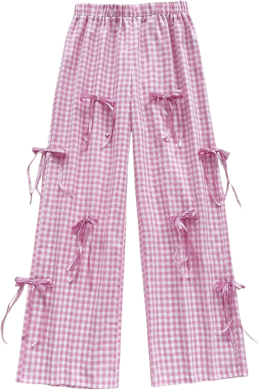 WDIRARA Women's Plaid Print Bow Front High Waist Long Pants Elastic Waist Cute Loose Fit Wide Leg Trousers