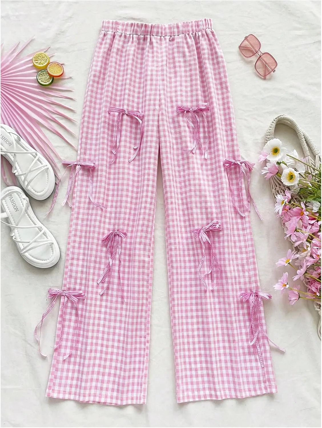 WDIRARA Women's Plaid Print Bow Front High Waist Long Pants Elastic Waist Cute Loose Fit Wide Leg Trousers