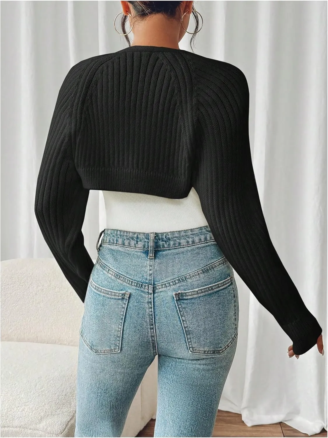 WDIRARA Women's Y2k Shrug Sweater Long Sleeve Open Front Rib Knit Cropped Cardigan Sweaters Bolero