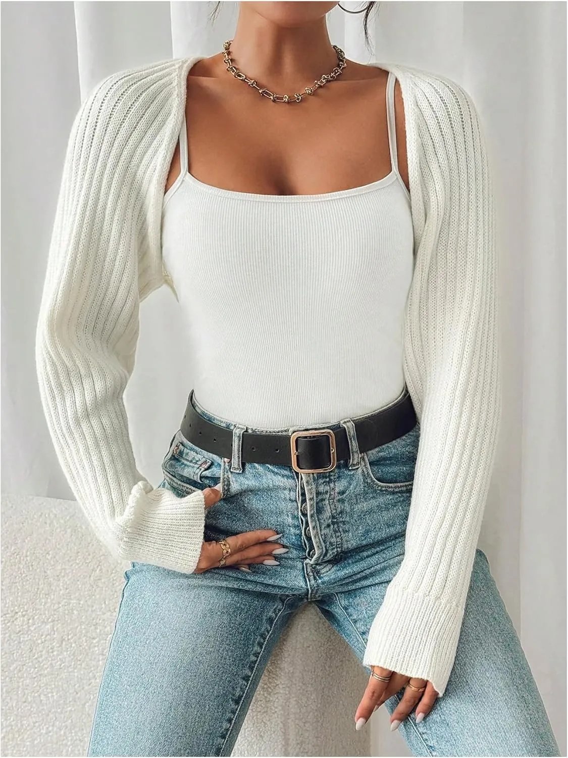 WDIRARA Women's Y2k Shrug Sweater Long Sleeve Open Front Rib Knit Cropped Cardigan Sweaters Bolero