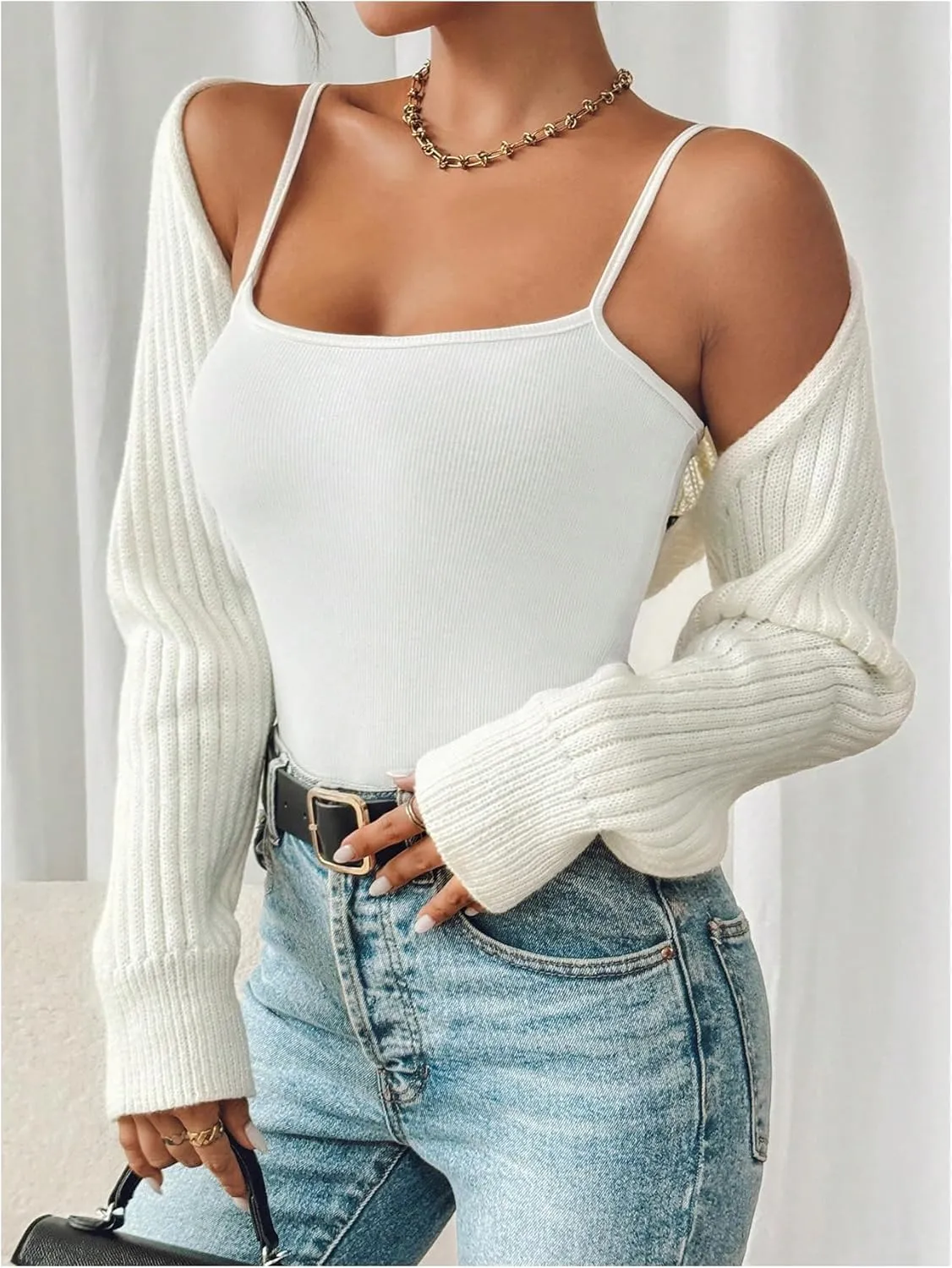 WDIRARA Women's Y2k Shrug Sweater Long Sleeve Open Front Rib Knit Cropped Cardigan Sweaters Bolero