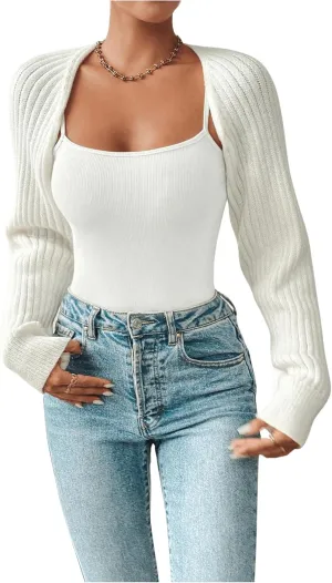 WDIRARA Women's Y2k Shrug Sweater Long Sleeve Open Front Rib Knit Cropped Cardigan Sweaters Bolero