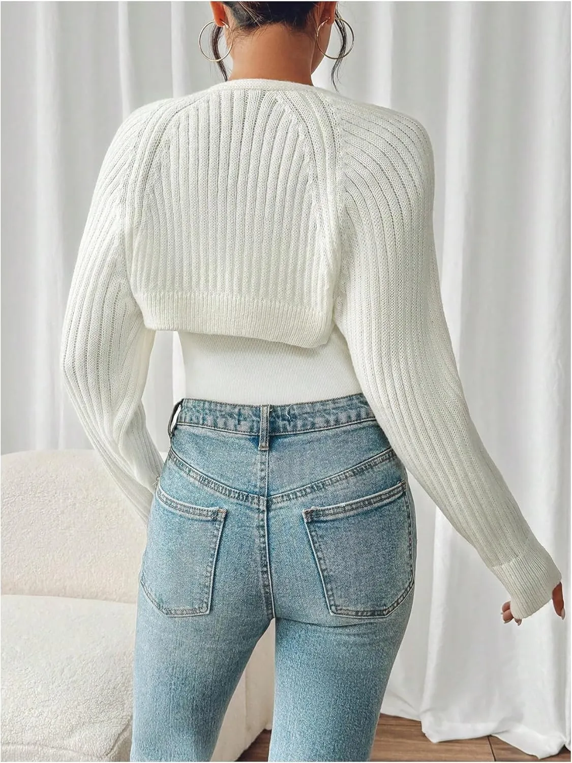 WDIRARA Women's Y2k Shrug Sweater Long Sleeve Open Front Rib Knit Cropped Cardigan Sweaters Bolero