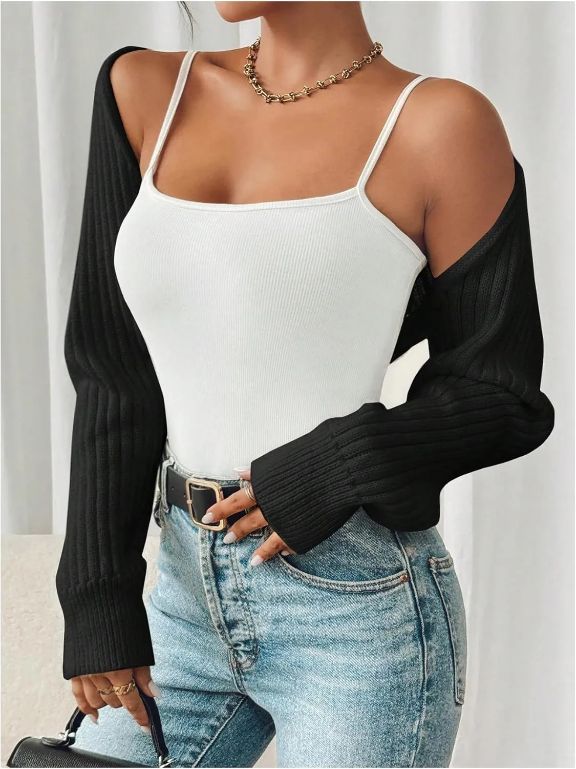 WDIRARA Women's Y2k Shrug Sweater Long Sleeve Open Front Rib Knit Cropped Cardigan Sweaters Bolero