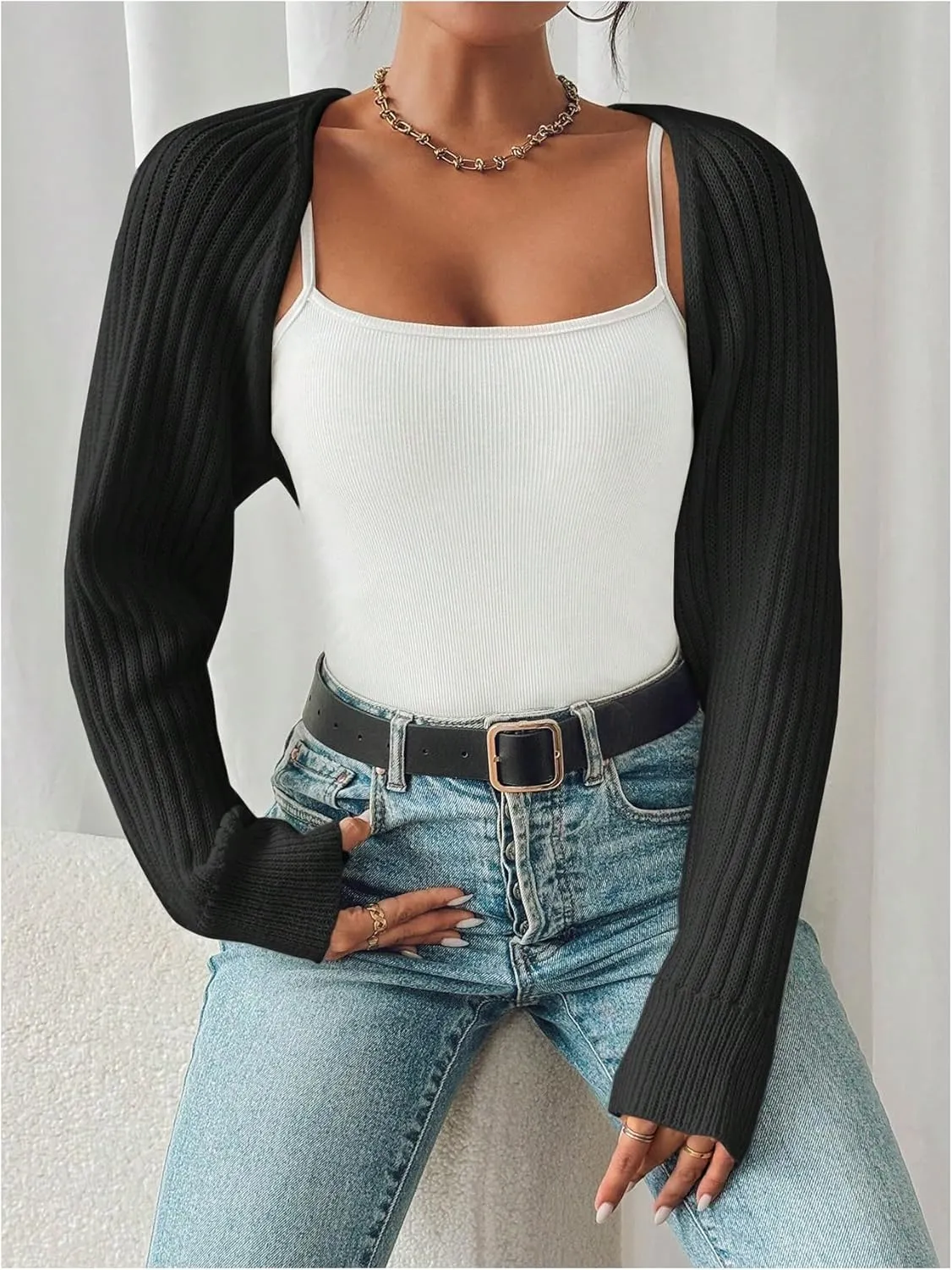 WDIRARA Women's Y2k Shrug Sweater Long Sleeve Open Front Rib Knit Cropped Cardigan Sweaters Bolero