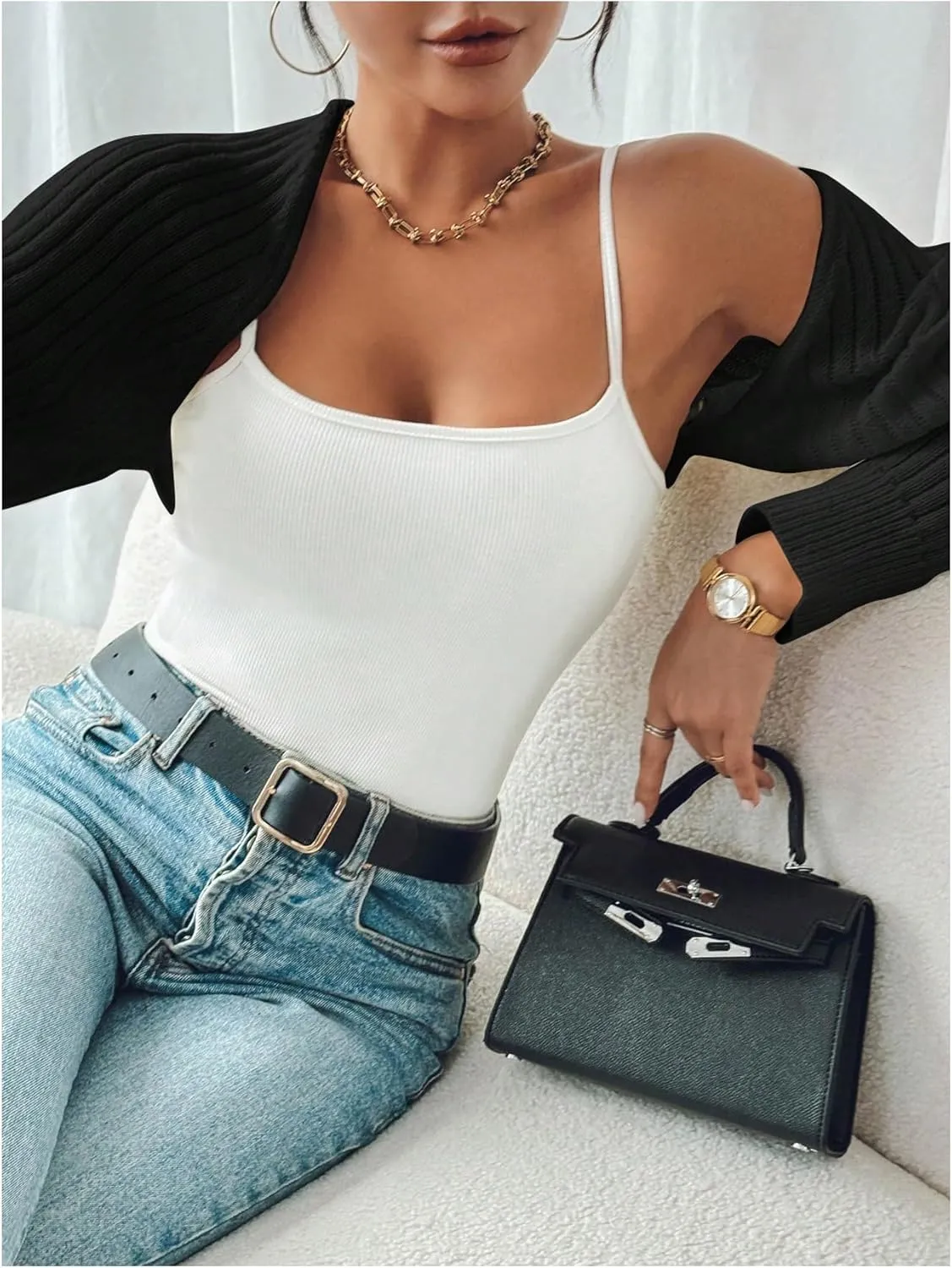 WDIRARA Women's Y2k Shrug Sweater Long Sleeve Open Front Rib Knit Cropped Cardigan Sweaters Bolero