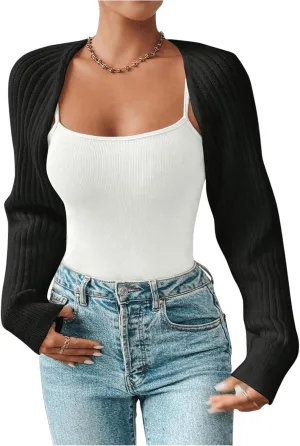 WDIRARA Women's Y2k Shrug Sweater Long Sleeve Open Front Rib Knit Cropped Cardigan Sweaters Bolero
