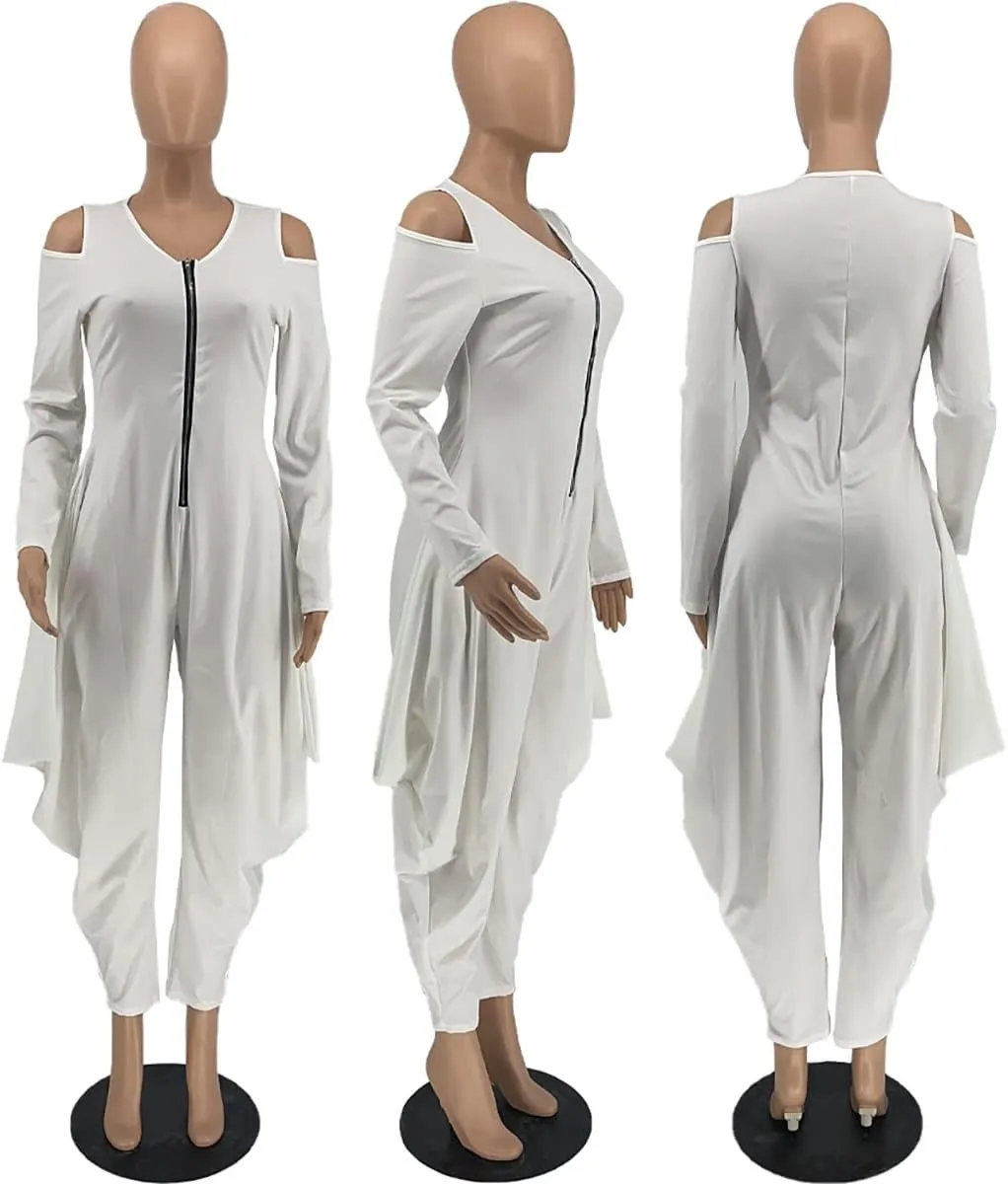 WOKANSE Women's Sexy Cold Shoulder Jumpsuits Zip Up Long Sleeve Solid Color Baggy Harem Pants Jumpsuit Long Romper