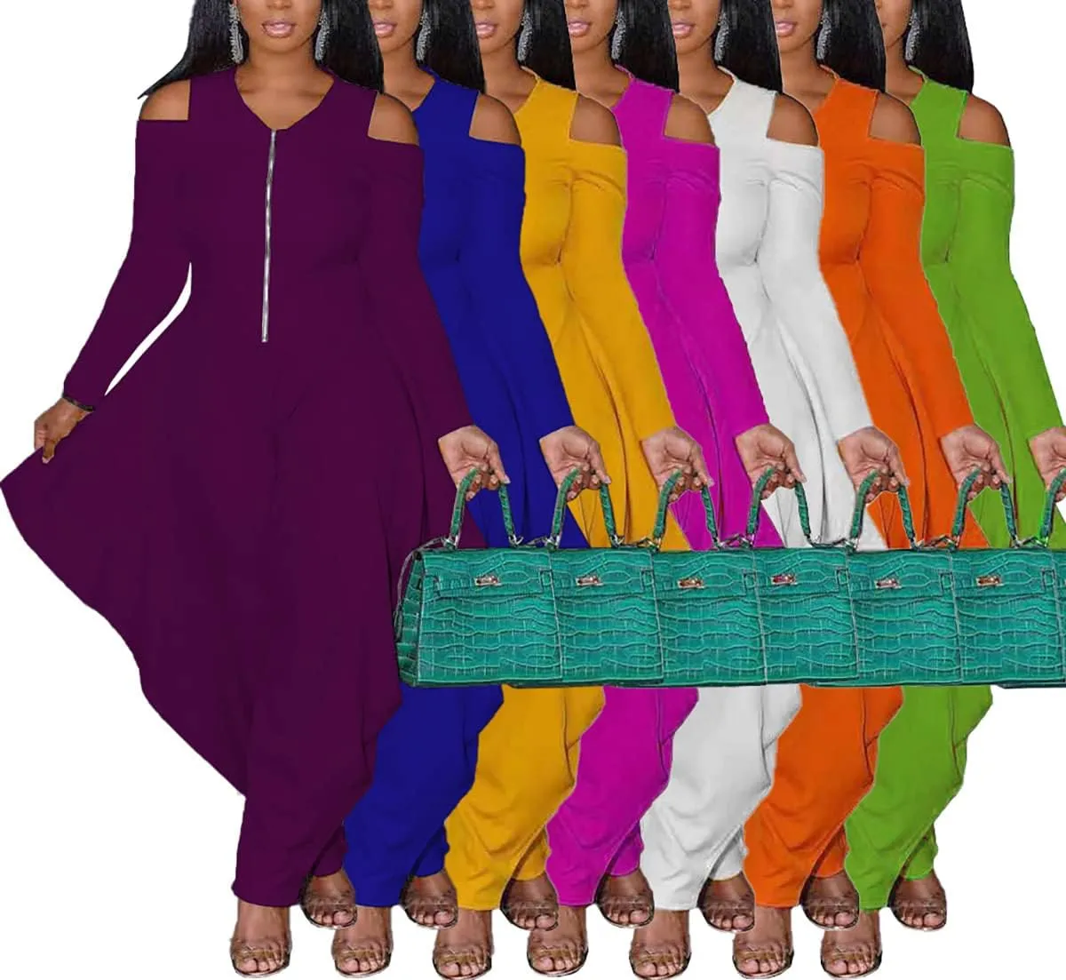 WOKANSE Women's Sexy Cold Shoulder Jumpsuits Zip Up Long Sleeve Solid Color Baggy Harem Pants Jumpsuit Long Romper