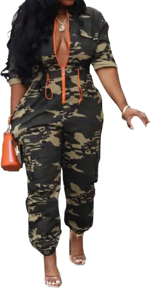 Women Casual Long Jumpsuits Camouflage Drawstring Waist One-Piece Camo Rompers with Pockets Sweatsuit Work Out Sets
