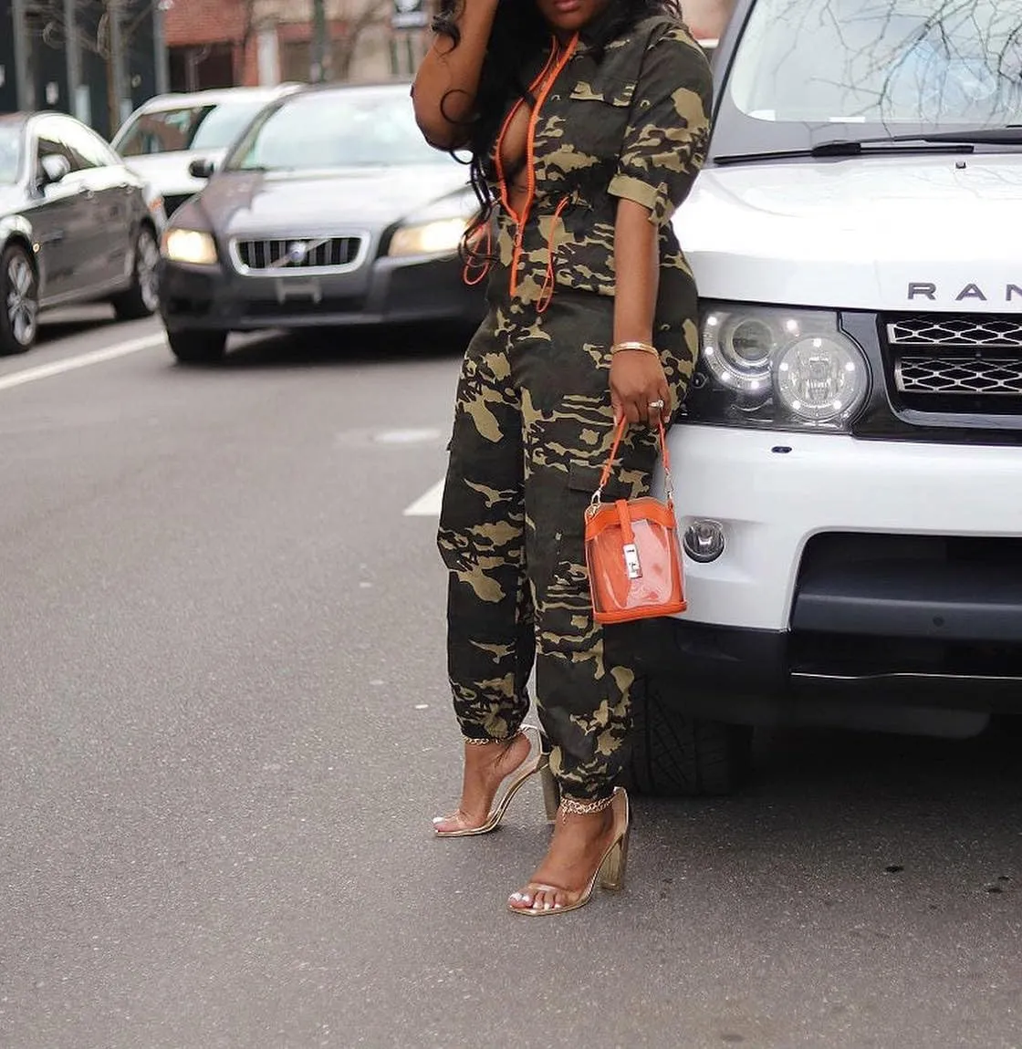 Women Casual Long Jumpsuits Camouflage Drawstring Waist One-Piece Camo Rompers with Pockets Sweatsuit Work Out Sets