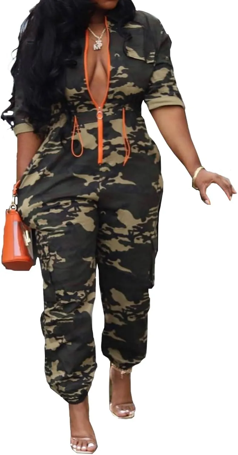 Women Casual Long Jumpsuits Camouflage Drawstring Waist One-Piece Camo Rompers with Pockets Sweatsuit Work Out Sets