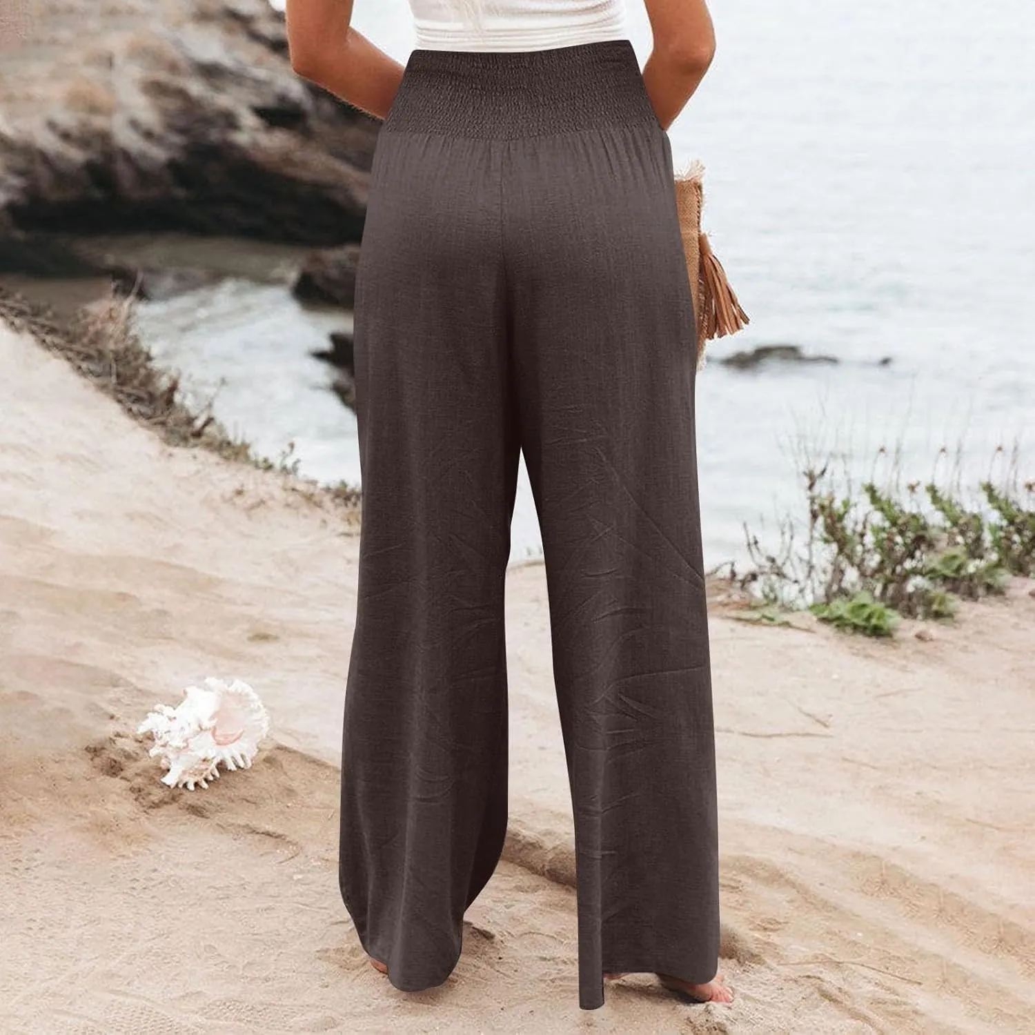Women Cotton Linen Summer Printed Palazzo Pants High Waist Wide Leg Slim-Fit Trouser Work Business