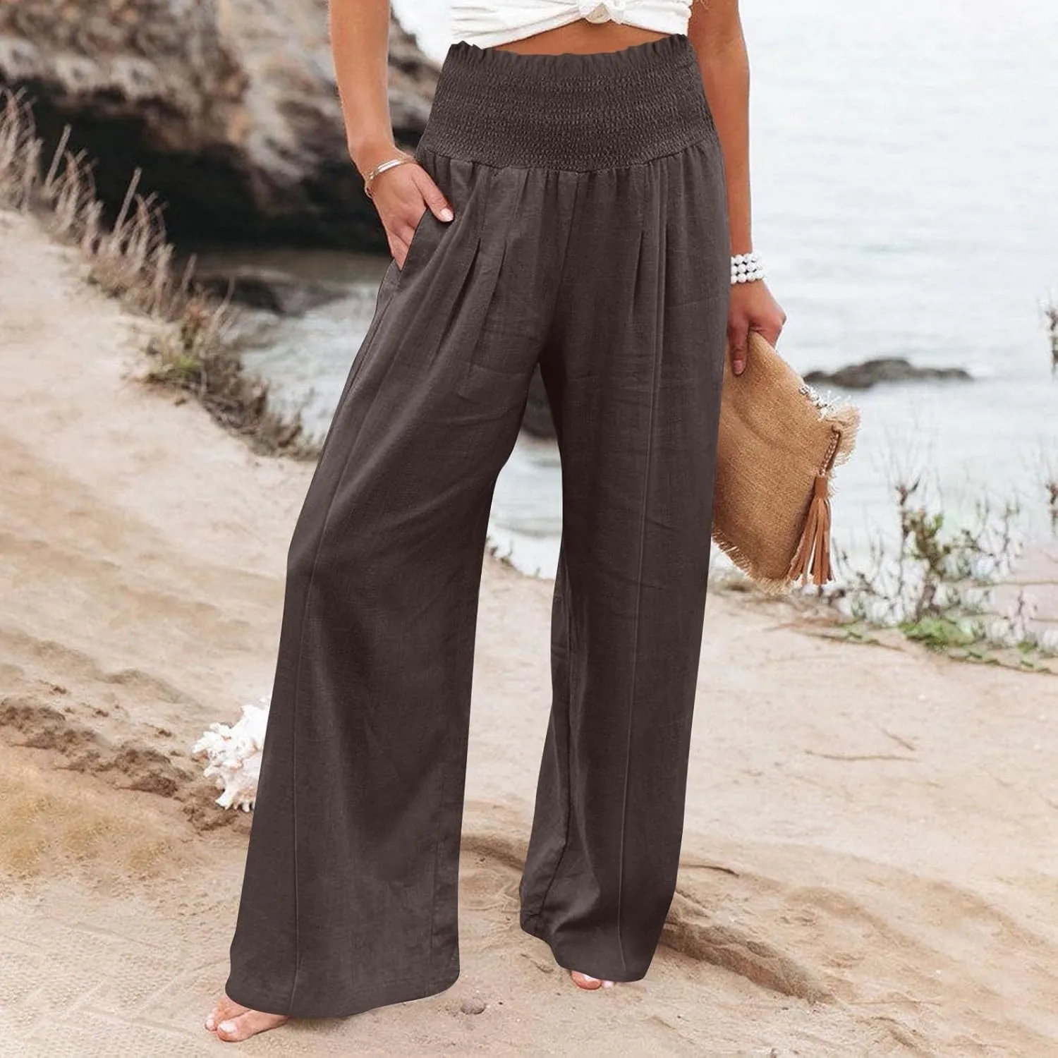 Women Cotton Linen Summer Printed Palazzo Pants High Waist Wide Leg Slim-Fit Trouser Work Business