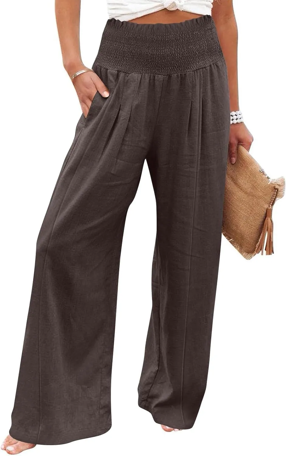 Women Cotton Linen Summer Printed Palazzo Pants High Waist Wide Leg Slim-Fit Trouser Work Business
